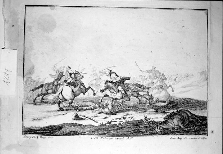 Battaglia fra cavalieri (stampa) di Corvinus Johann August (sec. XVIII)