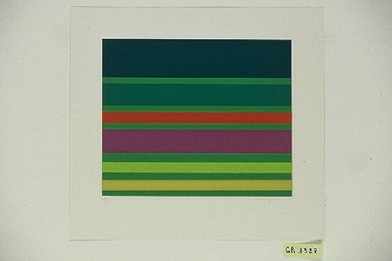 Composizione astratta a righe orizzontali (stampa a colori) di Reggiani Mauro, Reggiani Mauro (terzo quarto sec. XX)