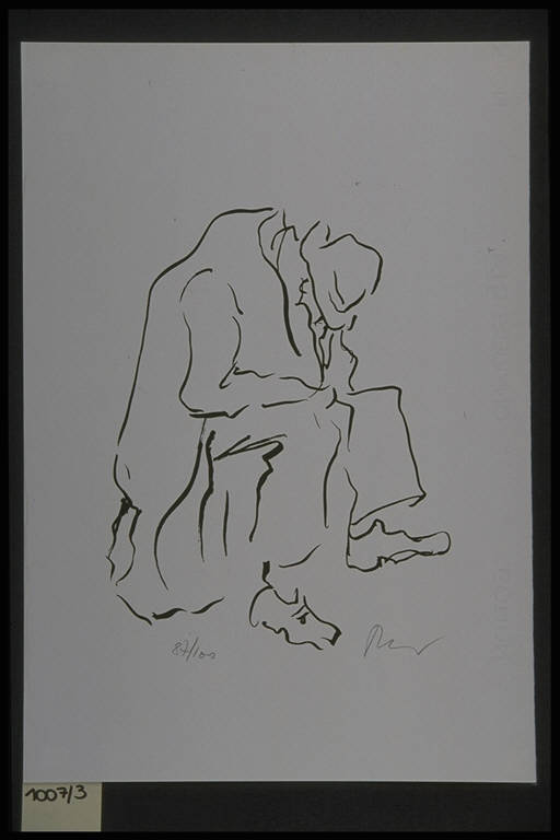 Figura maschile seduta con cappello (stampa, elemento d'insieme) di Trevisan Imerio, Trevisan Imerio (ultimo quarto sec. XX)