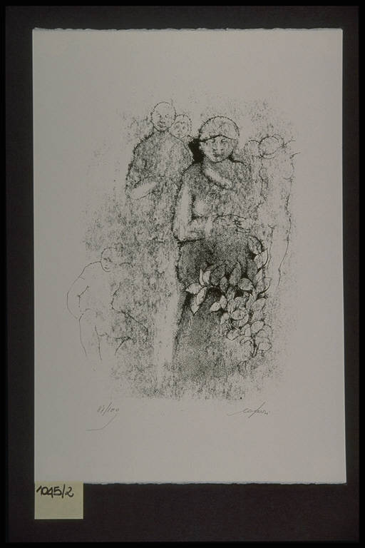 Figure femminili e figure maschili e fiori (stampa, elemento d'insieme) di Caferri Bruno, Caferri Bruno (terzo quarto sec. XX)