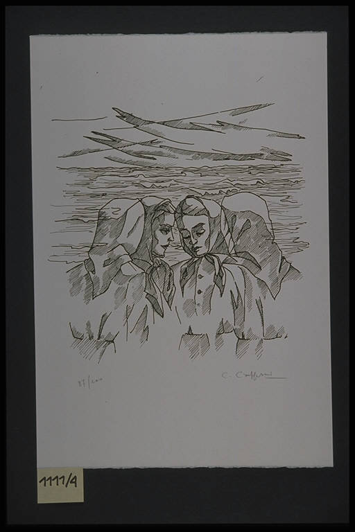 Figure femminili a colloquio in riva al mare (stampa, elemento d'insieme) di Capponi Cleto, Capponi Cleto (terzo quarto sec. XX)