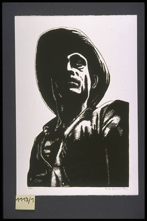 Figura maschile con cappello (stampa, elemento d'insieme) di Migliaccio Franco, Migliaccio Franco (terzo quarto sec. XX)