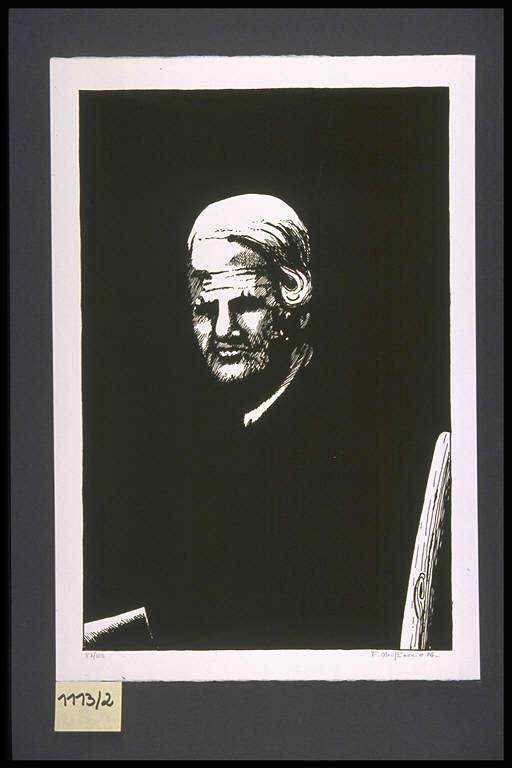 Ritratto a mezza figura di anziana seduta (stampa, elemento d'insieme) di Migliaccio Franco, Migliaccio Franco (terzo quarto sec. XX)