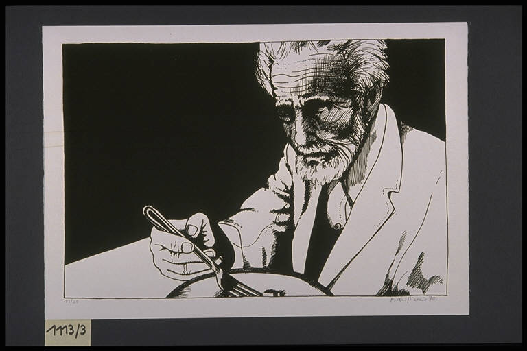 Figura maschile di anziano che pranza seduto ad un tavolo (stampa, elemento d'insieme) di Migliaccio Franco, Migliaccio Franco (terzo quarto sec. XX)