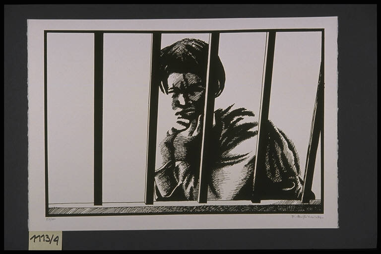 Figura di giovane uomo rappresentato dietro alle sbarre (stampa, elemento d'insieme) di Migliaccio Franco, Migliaccio Franco (terzo quarto sec. XX)