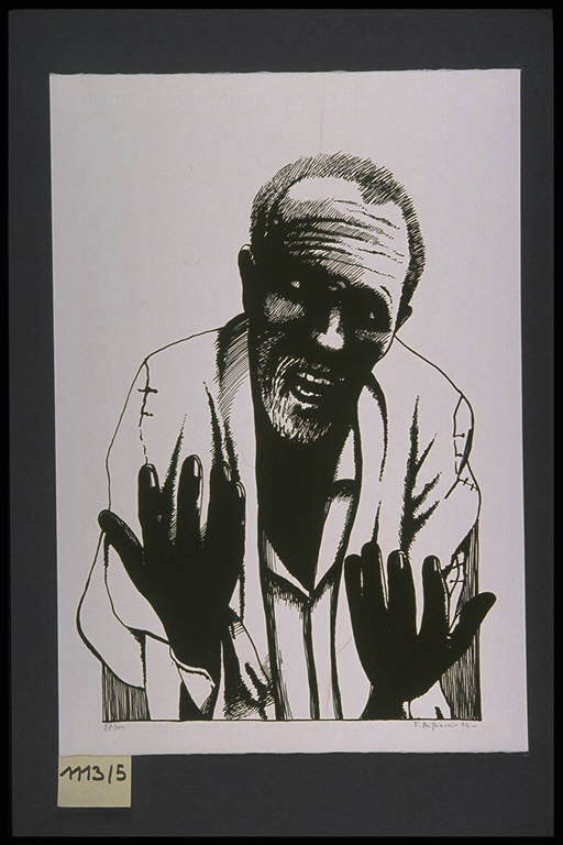 Figura maschile dal volto sofferente con le mani protese (stampa, elemento d'insieme) di Migliaccio Franco, Migliaccio Franco (terzo quarto sec. XX)