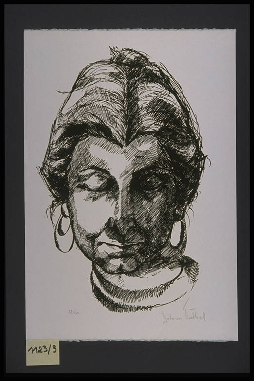 Ritratto di donna con gli orecchini (stampa, elemento d'insieme) di Puthod Dolores, Puthod Dolores (terzo quarto sec. XX)