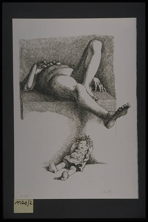 Figura femminile distesa nuda con bambola (stampa, elemento d'insieme) di Polidori Vittorio, Polidori Vittorio (terzo quarto sec. XX)