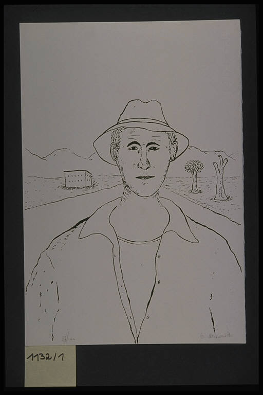 Figura maschile con cappello (stampa, elemento d'insieme) di Mascaretti Oscar, Mascaretti Oscar (terzo quarto sec. XX)