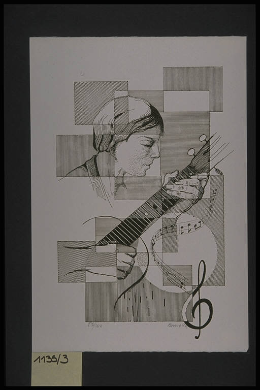 Figura femminile che suona la chitarra (stampa, elemento d'insieme) di Brunella Luigi, Brunella Luigi (terzo quarto sec. XX)