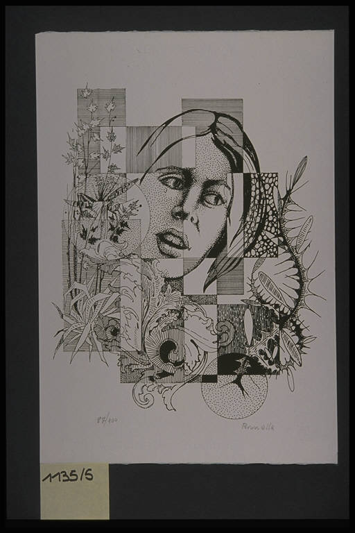 Volto femminile tra fiori (stampa, elemento d'insieme) di Brunella Luigi, Brunella Luigi (terzo quarto sec. XX)