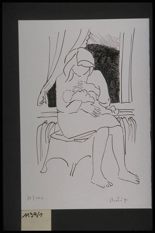 Figura femminile seduta che allatta il bambino che ha in braccio (stampa, elemento d'insieme) di Patrizi Natale, Patrizi Natale (terzo quarto sec. XX)