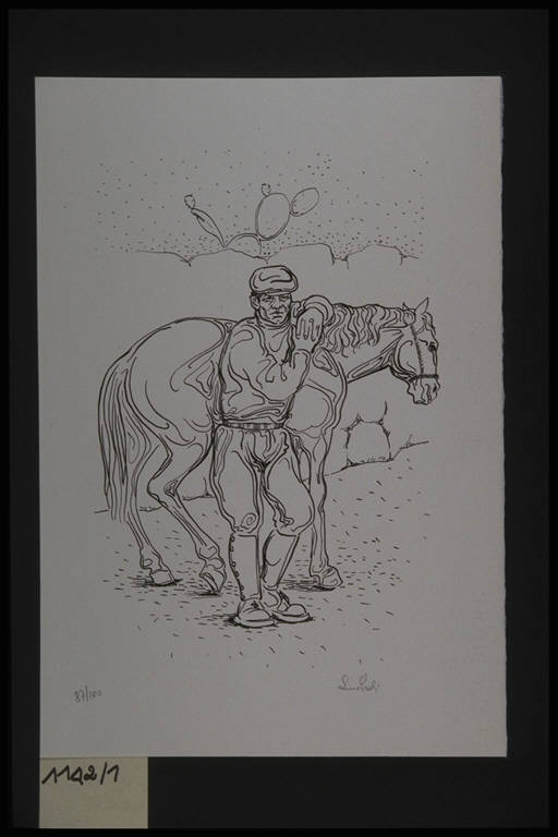 Figura maschile con cavallo (stampa, elemento d'insieme) di Proli Lino, Proli Lino (terzo quarto sec. XX)
