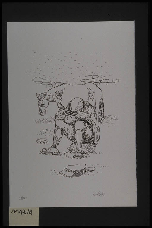Figura maschile seduta con cavallo (stampa, elemento d'insieme) di Proli Lino, Proli Lino (terzo quarto sec. XX)