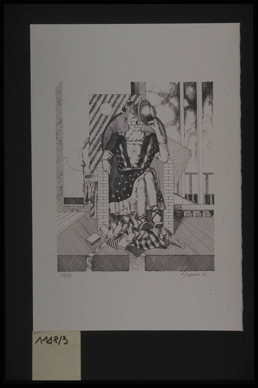 Figura femminile seduta (stampa, elemento d'insieme) di Gasperini Roberto, Gasperini Roberto (terzo quarto sec. XX)