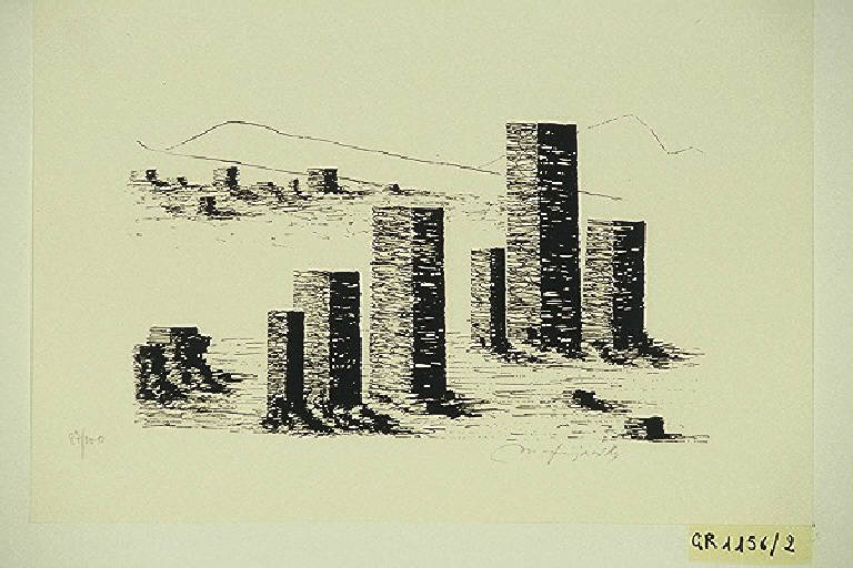 Paesaggio con rovine (stampa, elemento d'insieme) di Frejaville Mario, Frejaville Mario (terzo quarto sec. XX)