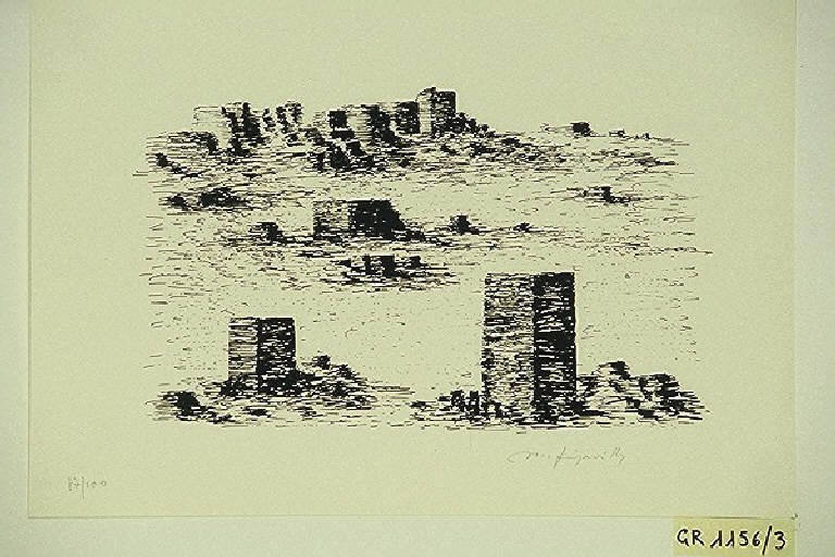 Paesaggio con rovine (stampa, elemento d'insieme) di Frejaville Mario, Frejaville Mario (terzo quarto sec. XX)