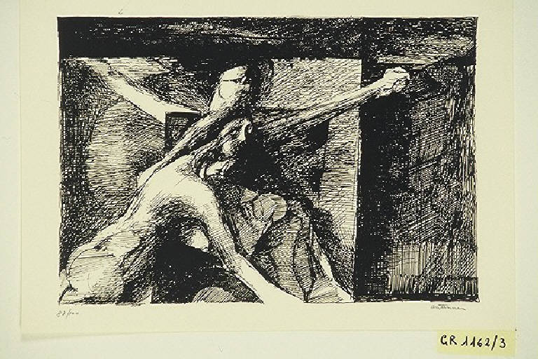 Donna che abbraccia un uomo crocifisso (stampa, elemento d'insieme) di Treccani Ernesto, Cattaneo Paolo (terzo quarto sec. XX)