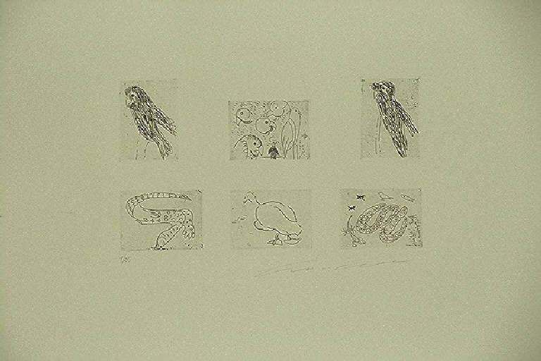 Uccelli e serpente (stampa, elemento d'insieme) di Treccani Ernesto, Treccani Ernesto (terzo quarto sec. XX)