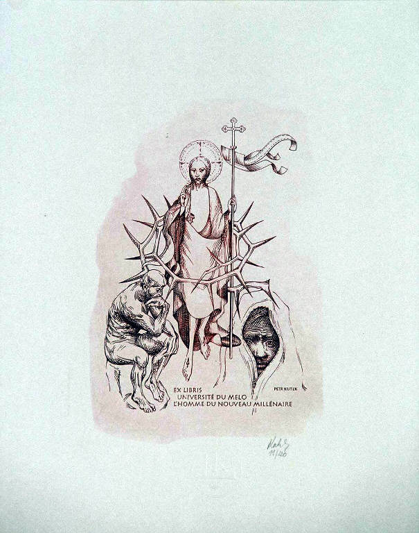 Cristo risorto benedicente (ex libris) di Kutek Petr, Kutek Petr (ultimo quarto sec. XX)