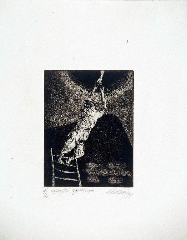 Figura maschile nuda su una scala (ex libris) di Ciprian Ciuclea, Ciprian Ciuclea (ultimo quarto sec. XX)