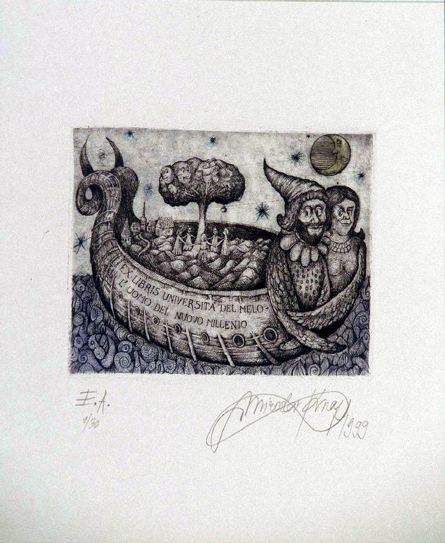 Composizione fantastica con nave e luna (ex libris) di Miroslav Knap, Miroslav Knap (ultimo quarto sec. XX)