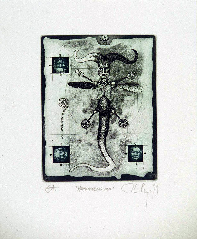 Composizione con figura antropomorfa e volti (ex libris) di Keller Philipp Roger, Keller Philipp Roger (ultimo quarto sec. XX)