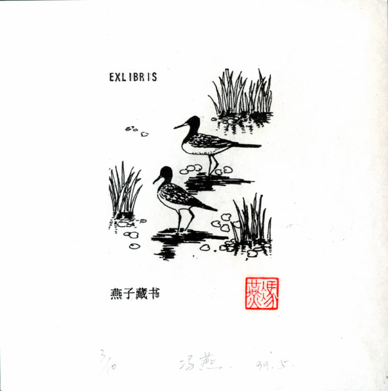 Paesaggio con stagno e volatini (ex libris) di Feng Yan, Feng Yan (ultimo quarto sec. XX)