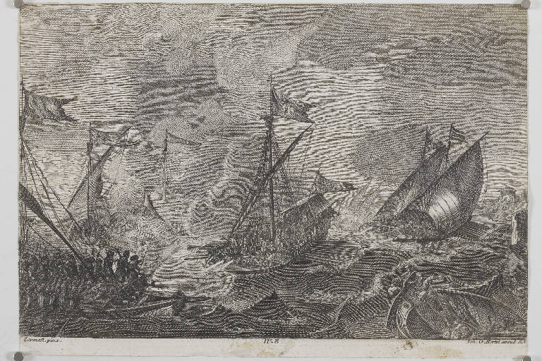 Battaglia navale (stampa tagliata) di Zeeman Nooms Reynier, Hertel Johan Georg (sec. XVIII)