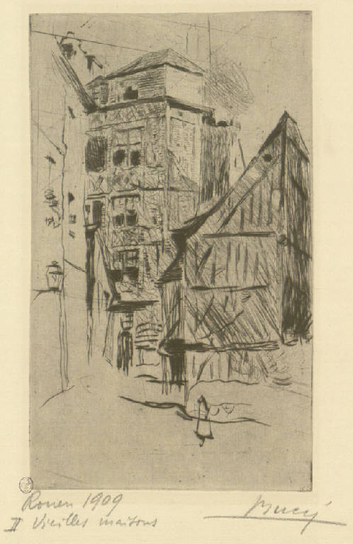 Vieilles maisons, Veduta di una via a Rouen (stampa) di Bucci Anselmo (sec. XX)