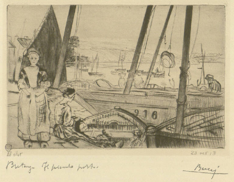 Il Porto, Porto con barche e figure (stampa) di Bucci Anselmo (sec. XX)