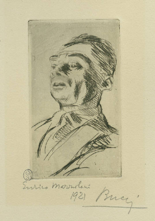 Lo scultore Enrico Mazzolani, Ritratto di Enrico Mazzolani (stampa) di Bucci Anselmo (sec. XX)