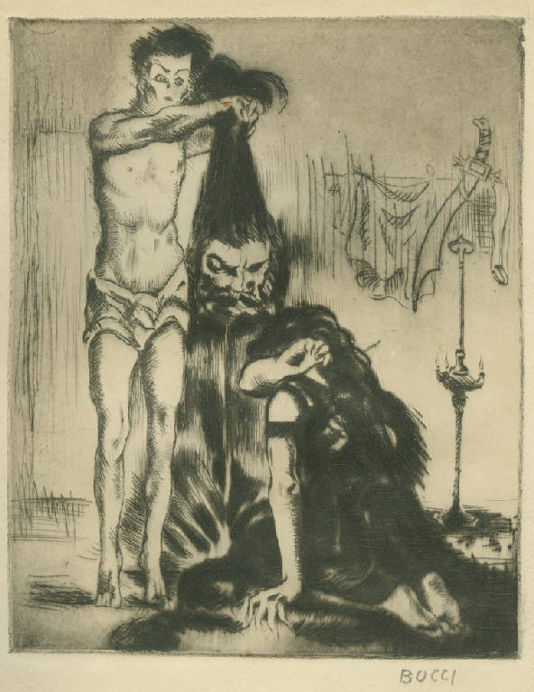 Il figlio di Oloferne, Giovane che mostra la testa di Oloferne ad una donna (stampa) di Bucci Anselmo (sec. XX)