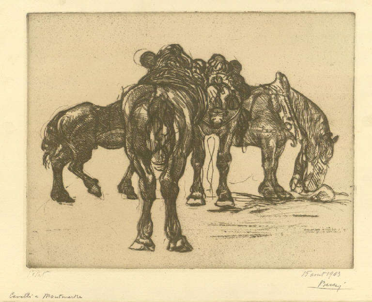 Cavalli a Montmartre, Quattro cavalli (stampa) di Bucci Anselmo (sec. XX)