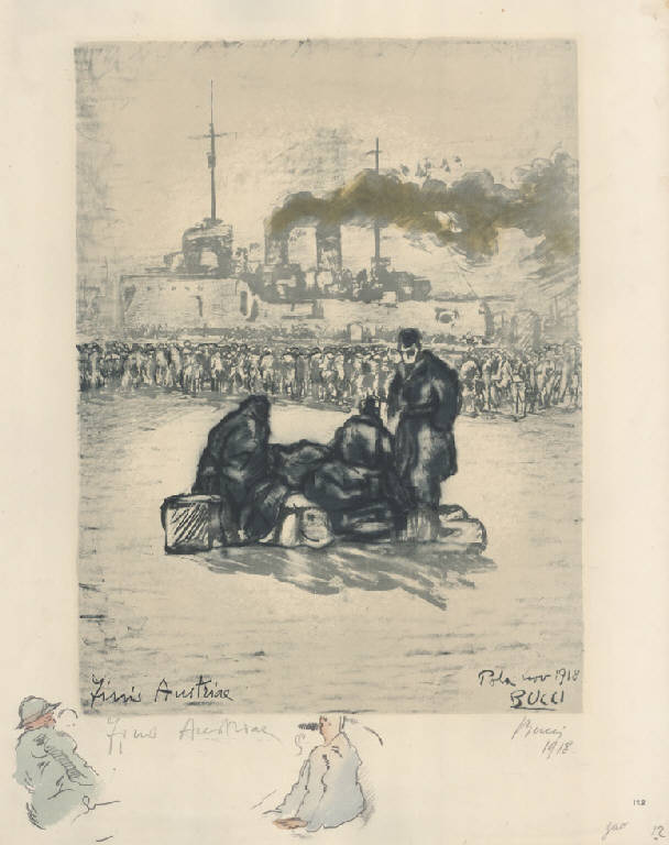 Finis Austriae, Militari su una banchina e nave (stampa a colori) di Bucci Anselmo (sec. XX)