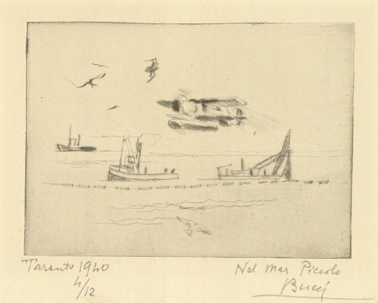 Nel Mar Piccolo, Porto con navi e aeroplano (stampa) di Bucci Anselmo (sec. XX)