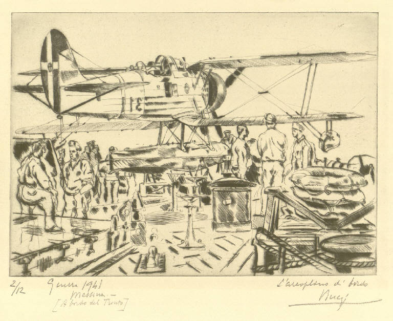 L'areoplano di bordo, Idrovolante a bordo di una nave (stampa) di Bucci Anselmo (sec. XX)