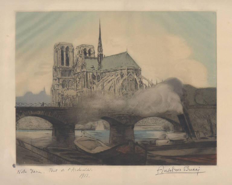 Notre Dame. Pont de l'Archevéché, Notre Dame a Parigi (stampa a colori) di Bucci Anselmo (sec. XX)
