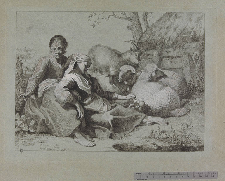 Due pastorelle accanto a un gregge, Due pastorelle che riposano con capra e pecore (stampa ritoccata a mano) di Bossi Benigno, Londonio Francesco (sec. XVIII)