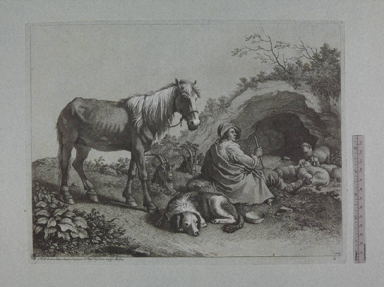 Pastore seduto, Pastore seduto con cavallo e gregge (stampa ritoccata a mano) di Londonio Francesco, Londonio Francesco (sec. XVIII)