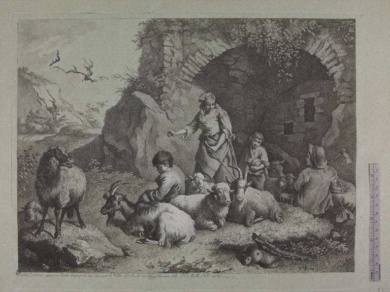 Donna, pastorelli e pecore presso un arco, Pastori con gregge (stampa ritoccata a mano) di Londonio Francesco, Londonio Francesco (sec. XVIII)