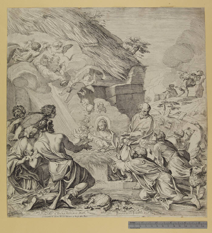 Natività, Adorazione dei pastori (stampa tagliata) di Giovani Francesco (attribuito), Maratta Carlo (metà sec. XVII)