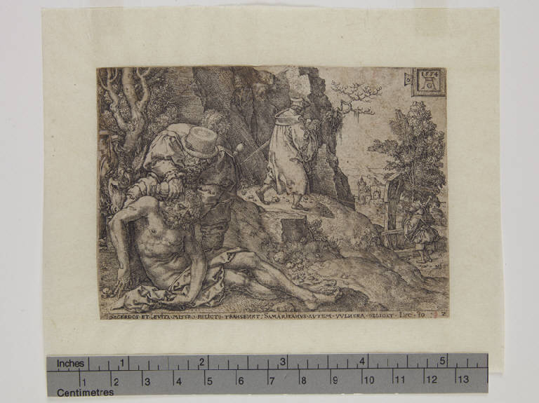 Parabola del buon samaritano (stampa tagliata) di Aldegrever Heinrich (sec. XVI)