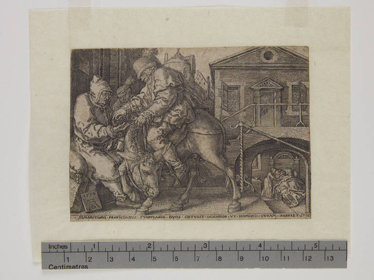 Parabola del buon samaritano (stampa tagliata) di Aldegrever Heinrich (sec. XVI)