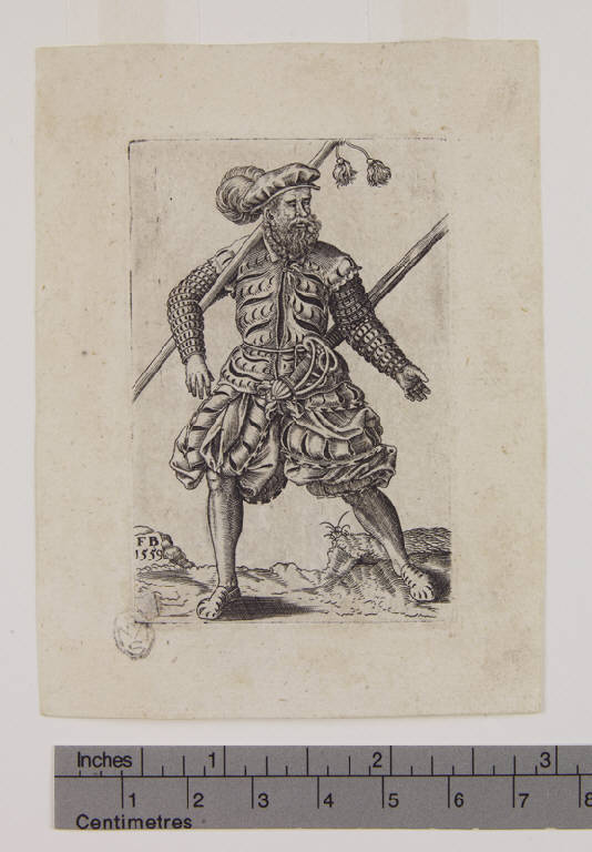 Soldato che avanza verso sinistra con spada e bastone, Soldato che avanza verso sinistra con spada e bastone (stampa) di Brun Franz Isaac (sec. XVI)