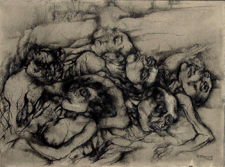 Bergen Belsen marzo '45, Cadaveri ammucchiati (disegno, opera isolata) di Stagnoli Antonio (sec. XX)