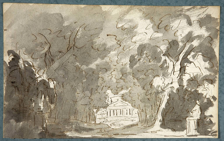 Scena raffigurante un viale alberato con tempio nello sfondo, PAESAGGIO (disegno, opera isolata) di Vacca Luigi (sec. XIX)