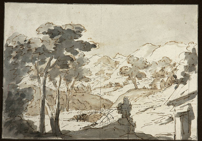 Scena raffigurante un paesaggio montano con case, PAESAGGIO MONTANO (disegno, opera isolata) di Vacca Luigi (sec. XIX)