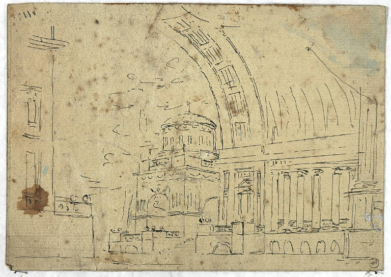 Scena raffigurante un esterno architettonico, PAESAGGIO CON ARCHITETTURE (disegno, opera isolata) di Vacca Luigi (secondo quarto sec. XIX)
