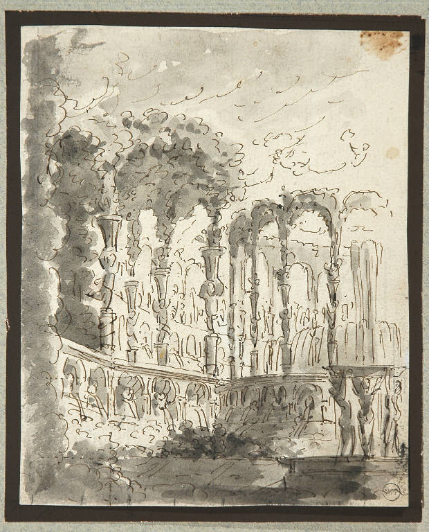 Scena raffigurante un giardino con gazebo e fontane, GIARDINO (disegno, opera isolata) di Vacca Luigi (sec. XIX)